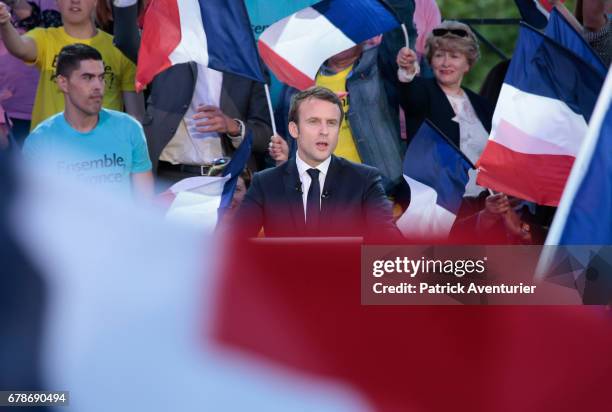 President of the political movement 'En Marche !' and French presidential election candidate Emmanuel Macron delivers a speech during a campaign...