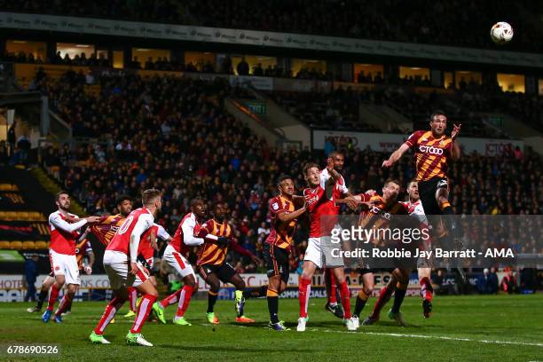 Rory McArdle of Bradford City scores a goal to make it 1-0 during the Sky Bet League One Playoff Semi Final First Leg match between Bradford City and...