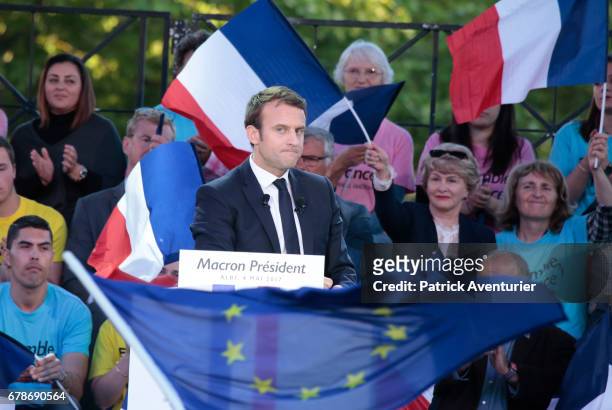 President of the political movement 'En Marche !' and French presidential election candidate Emmanuel Macron delivers a speech during a campaign...