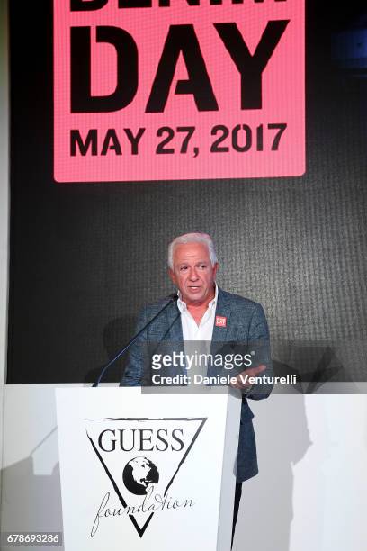 Guess designer Paul Marciano speaks on the stage during the Guess Foundation Denim Day 2017 at Palazzo Barberini on May 4, 2017 in Rome, Italy.