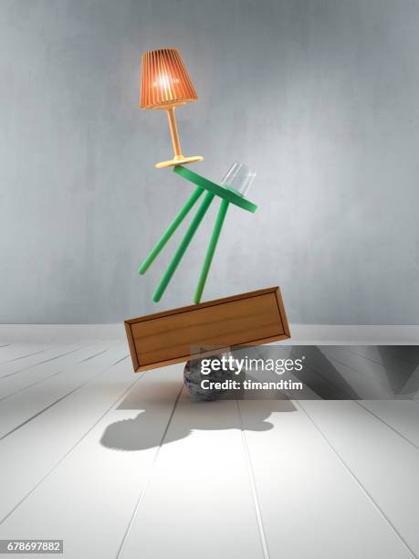 lamp, stool, glass, box and sphere in balance - object stock pictures, royalty-free photos & images