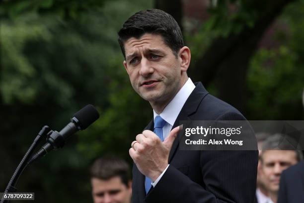 Speaker of the House Rep. Paul Ryan speaks during a Rose Garden event May 4, 2017 at the White House in Washington, DC. The House has passed the...