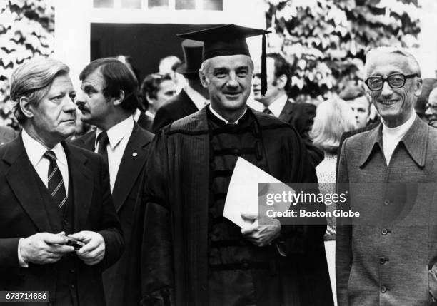 From left, Honorary Degrees Helmut Schmidt, Harvard President Derek Bok and Jacques Cousteau during the Harvard Commencement in Cambridge, Mass. On...