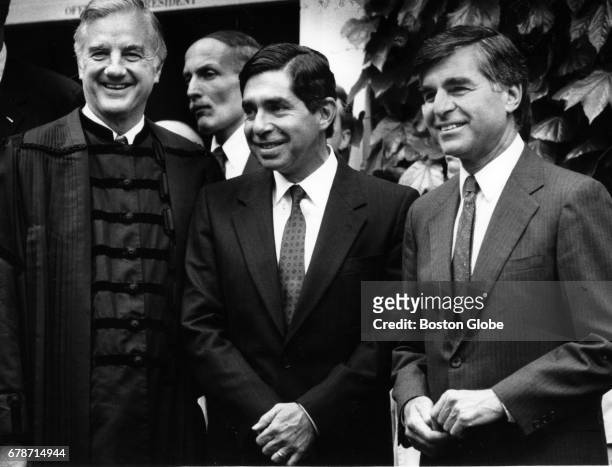 From left, Harvard President Derek Bok, Costa Rican President Oscar Arias and Governor Michael Dukakis gather outside the president's office before...
