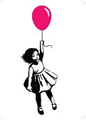 Little girl in summer dress floating on red balloon street art graffiti style