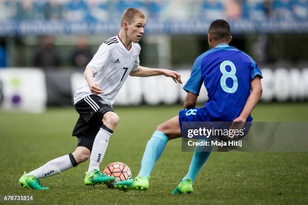 Marco John of Germany and Mohamed Ihattaren of Netherlands battle for the ball during U15 Netherlands v U15 Germany International Friendly Match on...