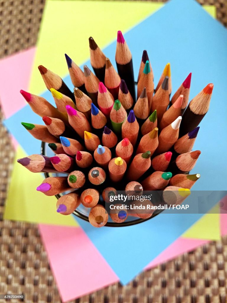 High angle view of colored pencils