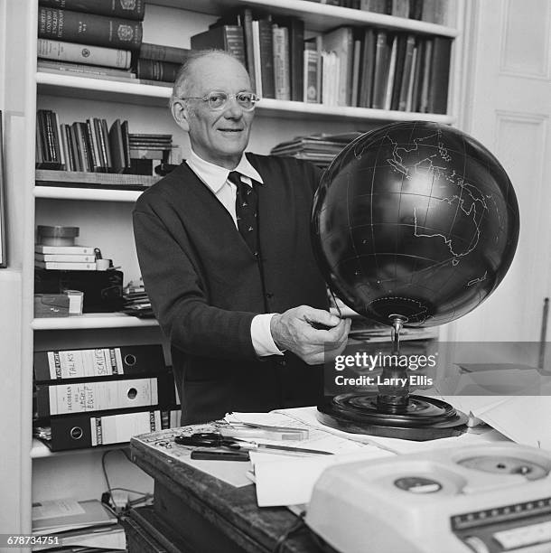 English aviator and yachtsman Francis Chichester outlines his plan to single-handedly circumnavigate the globe, UK, 24th April 1966. He became the...