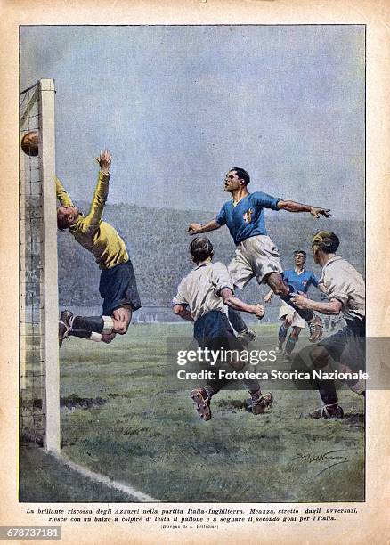 Soccer World Cup, the match played 4 November 1934: Italy-England, 2-3 final result illustration by Achille Beltrame, back cover on the magazine...
