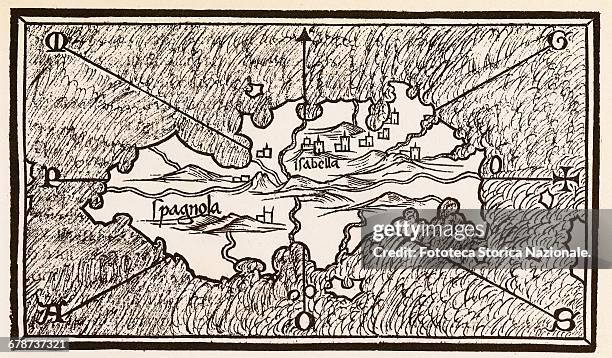 The island of Hispaniola, with the two spanish colonies Spagnola and Isabella, founded by Columbus in the first and in the second voyage to the New...