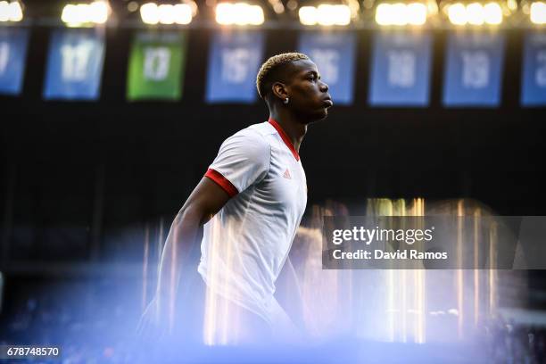 Paul Pogba of Manchester United looks on during the warm up prior to the UEFA Europa League, semi final first leg match, between Celta Vigo and...