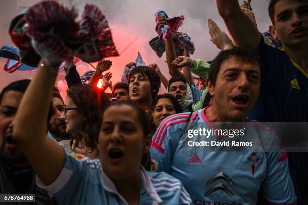 Celta Vigo fans await their team's arrival prior to kickoff during the UEFA Europa League, semi final first leg match, between Celta Vigo and...