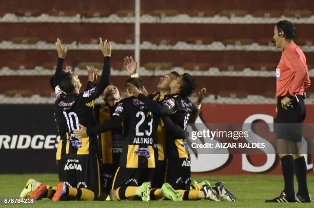 Bolivia's The Strongest player Alejandro Chumacero celebrates after scoring against Peru's Sporting Cristal during their Copa Libertadores match at...