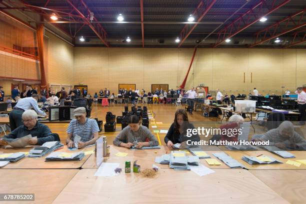 General view as ballot papers are counted at Llanishen Leisure Centre on May 4, 2017 in Cardiff, Wales. A total of 4,851 council seats are up for...