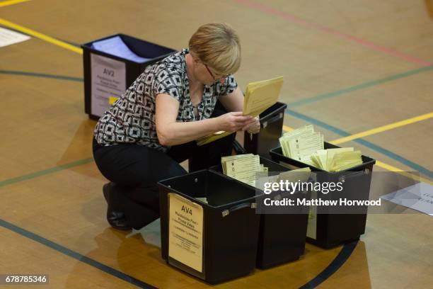 Woman counts ballot papers at Llanishen Leisure Centre on May 4, 2017 in Cardiff, Wales. A total of 4,851 council seats are up for grabs in 88...