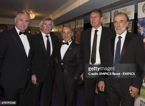 Paul Miller, Pat Jennings, Ossie Ardiles, John Lacy and Ricky Villa pose for a photograph during the PFA Player of the Year Awards 2013 at the...