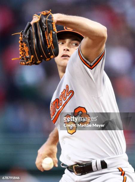 Tyler Wilson of the Baltimore Orioles pitches against the Boston Red Sox during the first inning at Fenway Park on May 4, 2017 in Boston,...