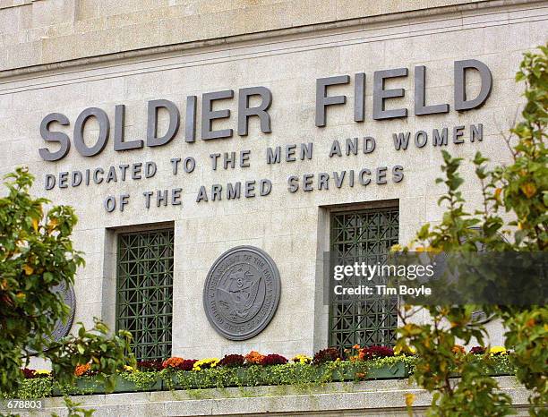 Signage above the main entrance to Soldier Field, home of the Chicago Bears football team is displayed November 1, 2001 in Chicago. Chicago Mayor...