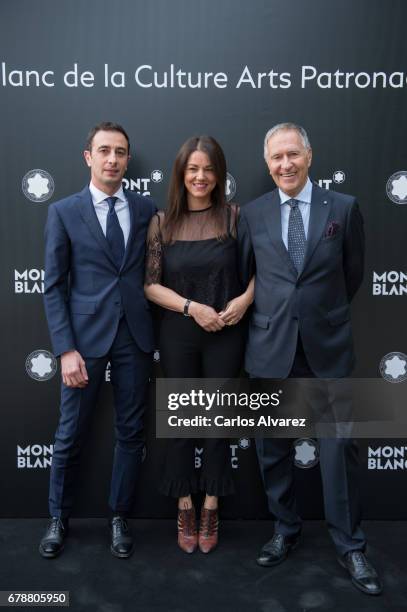 Mattia Schieppati, Francesca Vallania and Ettore Mocchetti attend Montblanc de la Culture Arts Patronage Award at the Madrid Palacio Liria on May 4,...