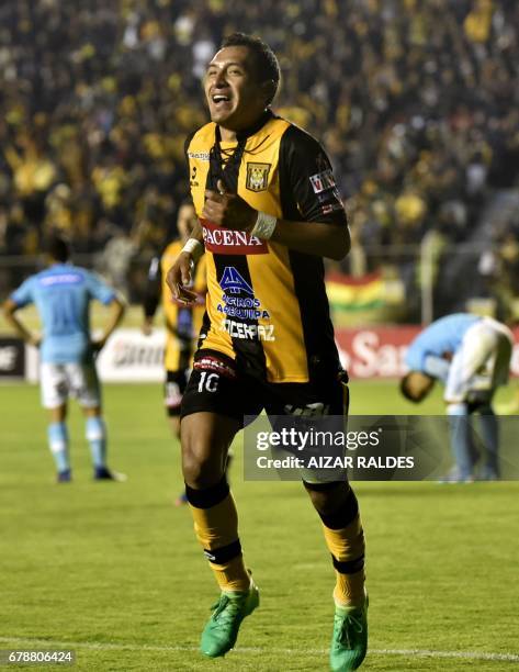 Walter Veizaga of Bolivia's The Strongest celebrates after scoring against Peru's Sporting Cristal, during their Copa Libertadores match at Hernando...