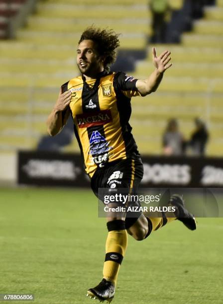 Bolivia's The Strongest player Fernando Marteli celebrates after scoring against Peru's Sporting Cristal during their Copa Libertadores match at...