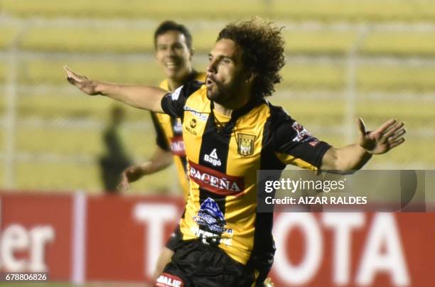 Bolivia's The Strongest player Fernando Marteli celebrates after scoring against Peru's Sporting Cristal during their Copa Libertadores match at...