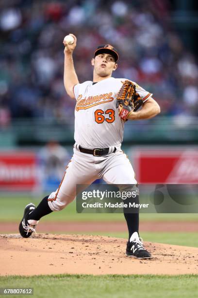 Tyler Wilson of the Baltimore Orioles pitches against the Boston Red Sox during the first inning at Fenway Park on May 4, 2017 in Boston,...