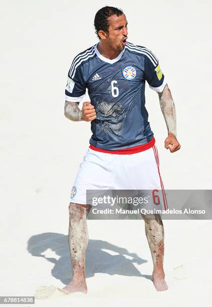 Pedro Moran of Paraguaycelebrates after scoring during the FIFA Beach Soccer World Cup Bahamas 2017 quarter final match between Paraguay and Tahiti...