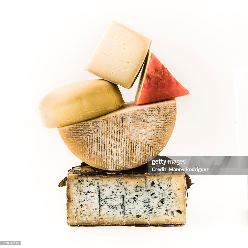 Pile of variety of cheeses