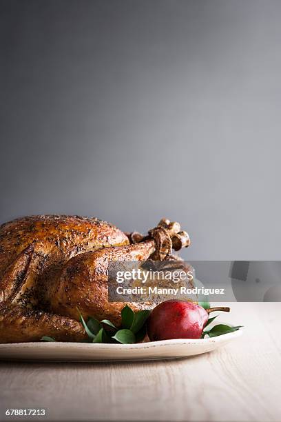 pear on plate with cajun turkey - thanksgiving plate of food fotografías e imágenes de stock