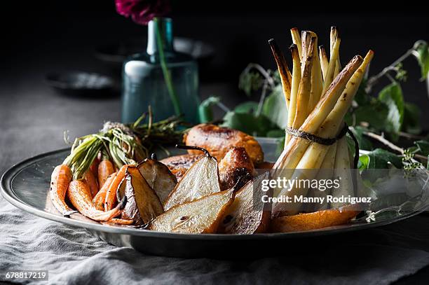 potatoes and greens on plate - pear stock pictures, royalty-free photos & images