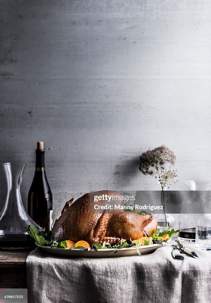 Carafe of wine on table with turkey