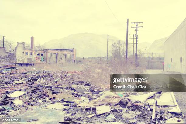 rubble at dilapidated factory, detroit, michigan, united states - detroit ruins stock pictures, royalty-free photos & images
