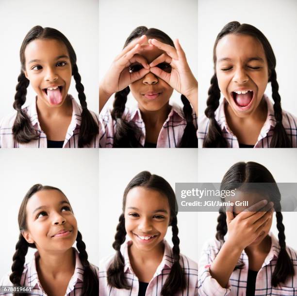 series of mixed race girl making faces - different emotions children stockfoto's en -beelden