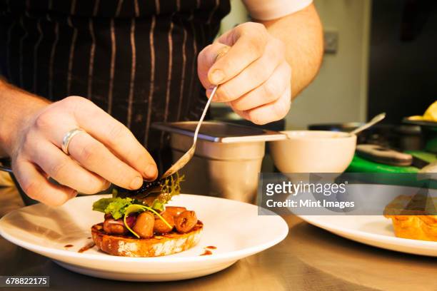 village public house restaurant. a chef plating up a dish of meat and vegetables. - food plating stock-fotos und bilder