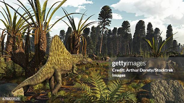 a triassic scene with the sailback arizonasaurus and some dicynodonts. - stalker stock illustrations