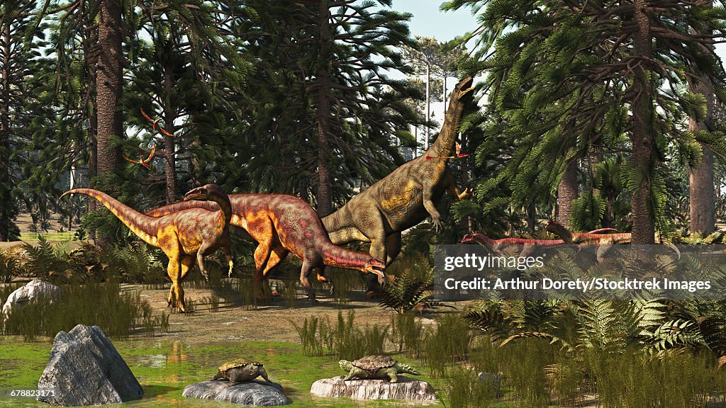 A late Triassic scene with Plateosaurus and Liliensternus dinosaurs.