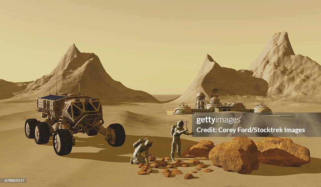 Two explorers take their vehicle to collect rock samples to take back to their Mars habitat.