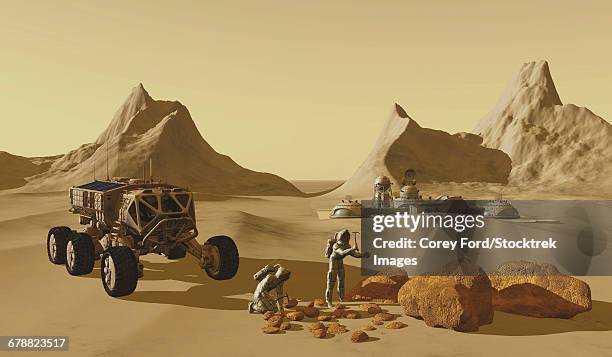 two explorers take their vehicle to collect rock samples to take back to their mars habitat. - boulder rock stock illustrations
