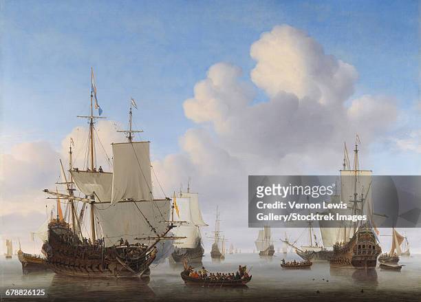 dutch ships in a calm, by willem van de velde - sailing ship painting stock illustrations