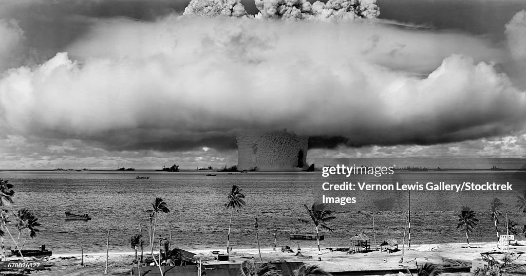 A nuclear weapon test by the American military at Bikini Atoll, Micronesia.