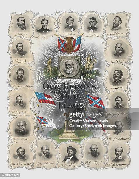 vintage civil war print of general robert e. lee and other prominent confederate generals and statesmen.  - csa stock illustrations