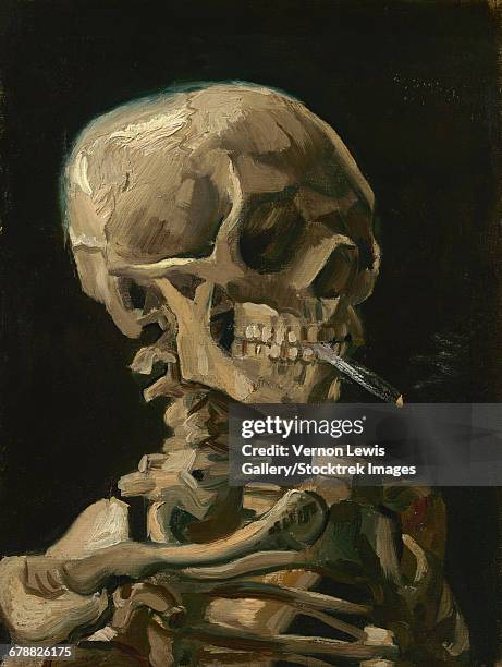ilustrações de stock, clip art, desenhos animados e ícones de skull of a skeleton with burning cigarette painting by vincent van gogh, 1886. - queimadas