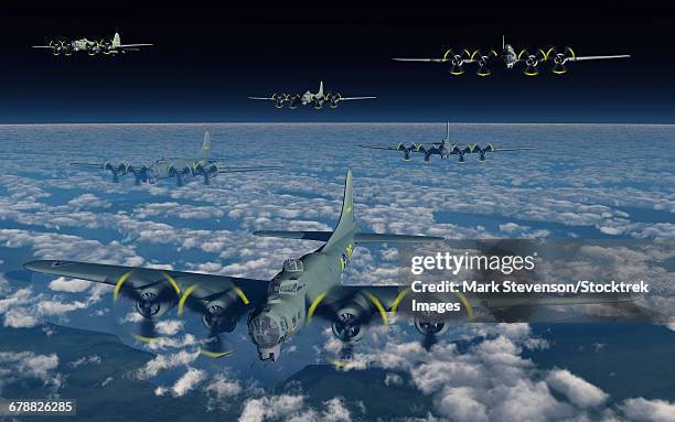 stockillustraties, clipart, cartoons en iconen met american b-17 flying fortress bombers flying in formation. - us air force
