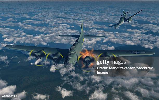 stockillustraties, clipart, cartoons en iconen met a b-17 flying fortress being attacked by a german me-262 fighter plane. - us air force