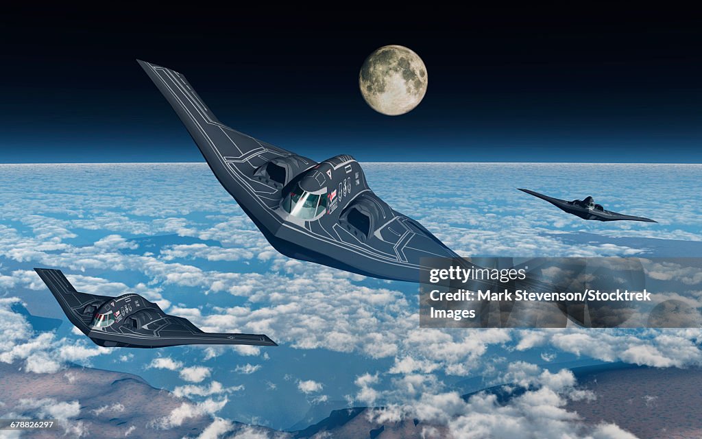 North American B-2 Spirit stealth bombers flying at high altitude.