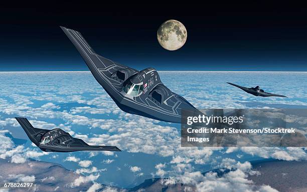 north american b-2 spirit stealth bombers flying at high altitude. - us air force stock illustrations