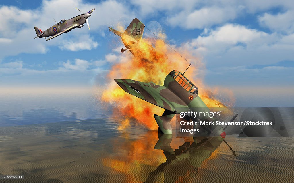 A German Ju-87 Stuka dive bomber shot down by a British Spitfire.
