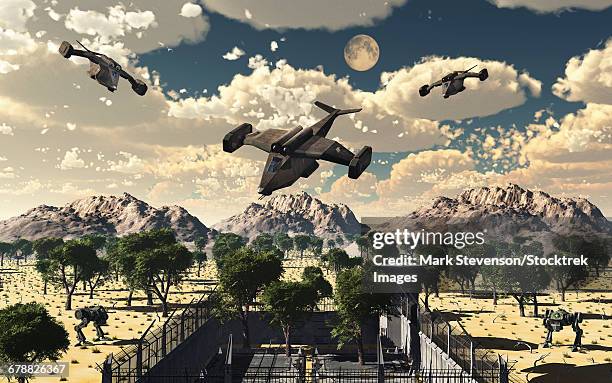 a futuristic military base. - position basse stock illustrations