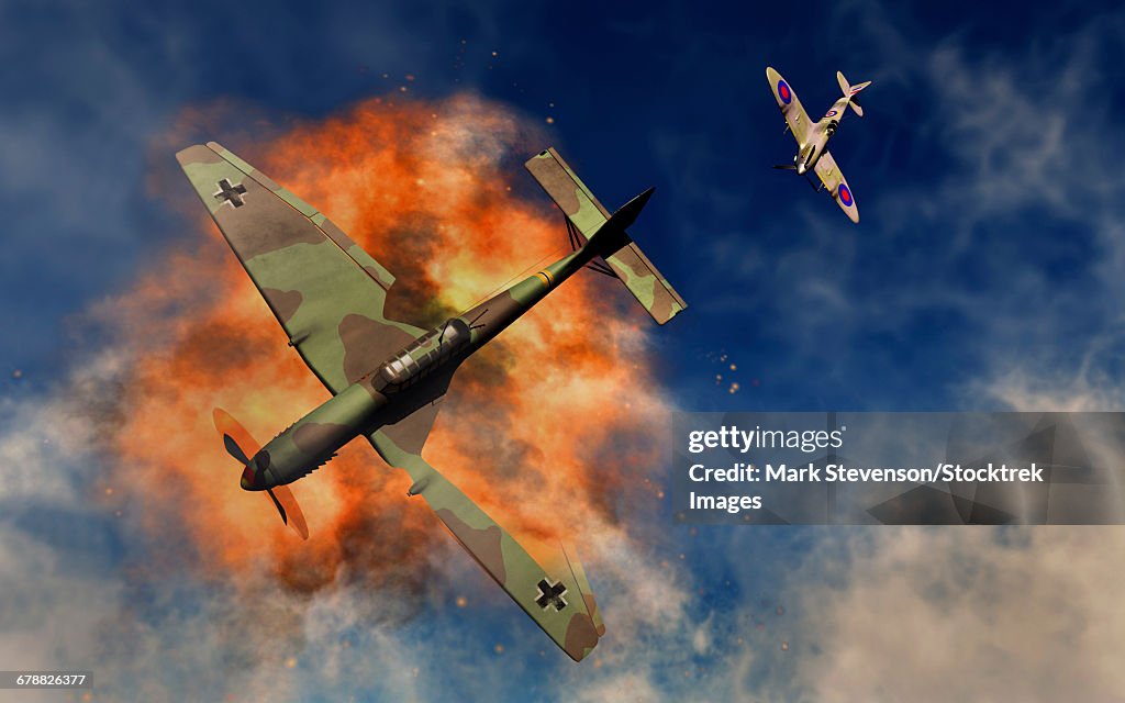 A Royal Air Force Supermarine Spitfire destroying a German Ju 87 Stuka dive bomber.